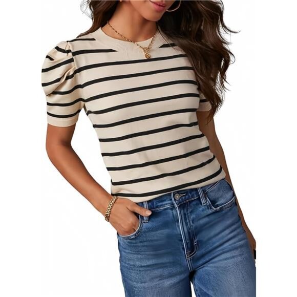 Women's Short Puff Sleeve Knit Tops 2025 Trendy Crewneck Striped - Picture 1 of 7